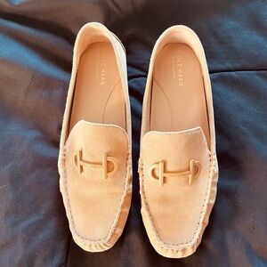 Cole Haan Women's Suede Loafers with Gold Hardware in Beige